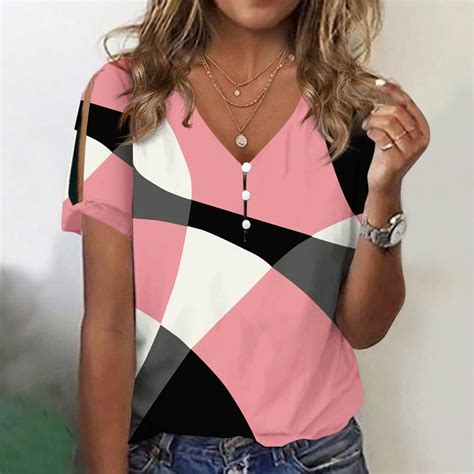 Cheap Womens Summer Tops V Neck Print T Shirts Short Sleeve Shirt