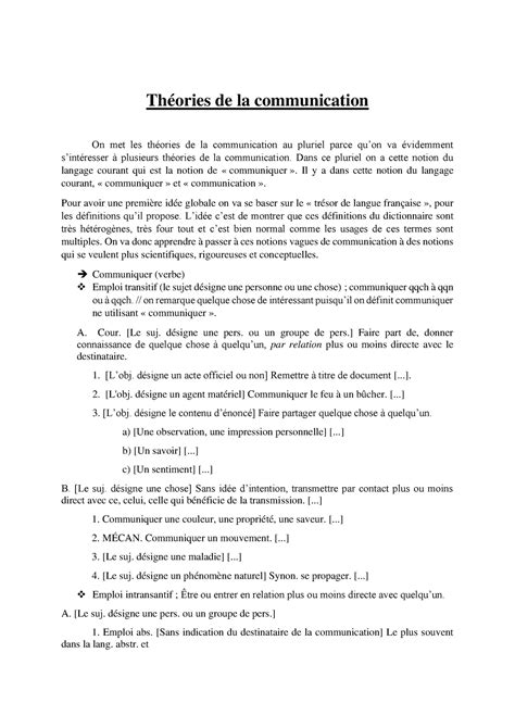 Théorie de la comm note de cours Théories de la communication On