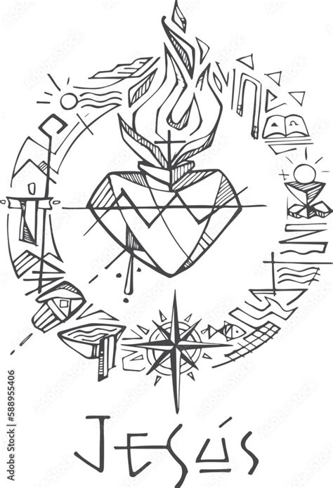 Hand Drawn Illustration Of The Sacred Heart Stock Vector Adobe Stock