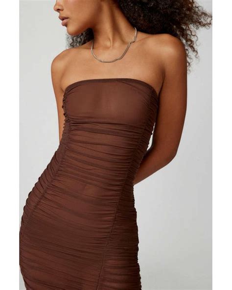 Urban Outfitters Uo Mia Sheer Mesh Ruched Midi Dress In Brown Lyst