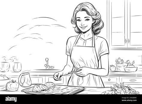 Hand Drawn Young Woman Cooking In The Kitchen Cartoon Smiling