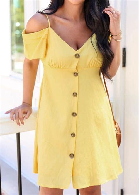 Solid Ruffled Button Cold Shoulder Mini Dress Yellow Bellelily