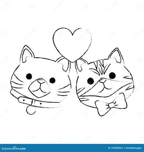 Cute Cats Mascots Head With Hearts Characters Stock Illustration