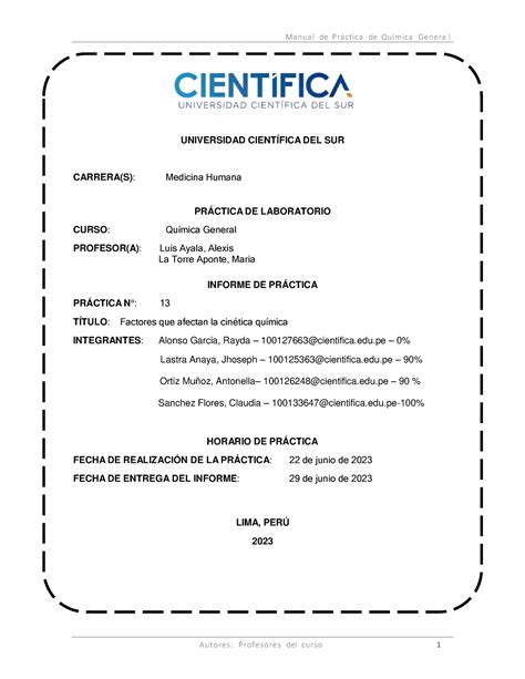 Informe 13 Factores que afectan la cinética química UNIVERSIDAD