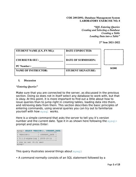 Lab Sql Entering Queries Coe L Database Management System