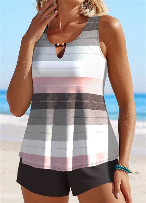 Multi Stripe Print Cut Out Tankini Set Rosewe Usd