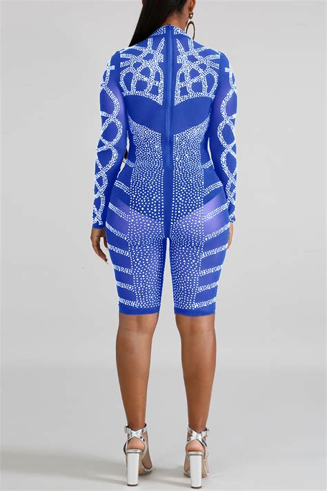 Sexy Hot Drilling Mesh Gauze Perspective Blue Romper
