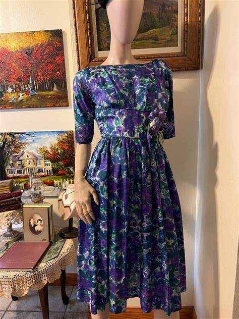 Vintage 60s Darling Blue Purple Floral Full Skirt Ro Gem