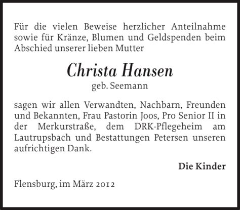 Traueranzeigen Von Christa Hansen Sh Z Trauer