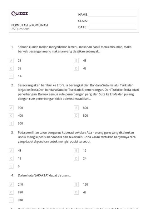 Mais De 50 Planilhas Permutasi Dan Kombinasi No Quizizz Gratuito E