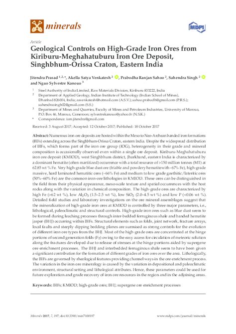 Pdf Geological Controls On High Grade Iron Ores From Kiriburu