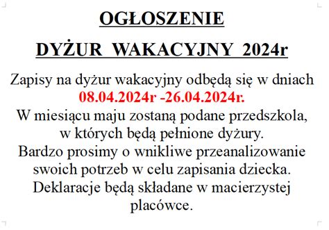 DYŻUR WAKACYJNY 2024 Przedszkole nr 1 BAJKA w Myszkowie