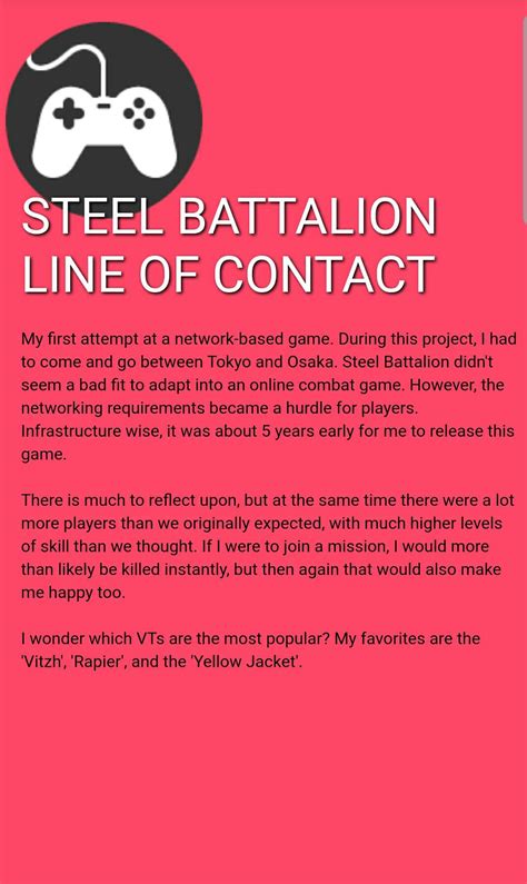 Short Note about Steel Battalion Line of Contact from the developers at ...