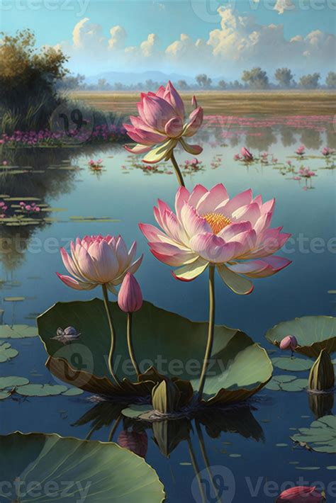 painting of pink flowers sitting on top of a body of water. generative ...