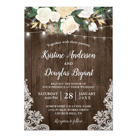 Rustic Country Chic Floral String Lights Wedding Invitation