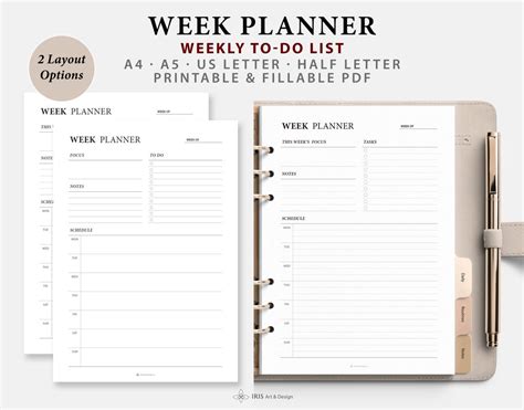 Week Planner Printable Weekly Planner Inserts Weekly Organizer Weekly Pad Weekly Planner ...