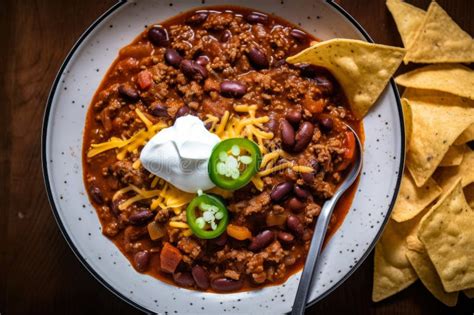 Top View Of A Plate Of Chili Con Carne With A Dollop Of Sour Cream