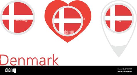 National Flag Of Denmark Round Icon Heart Icon And Location Sign