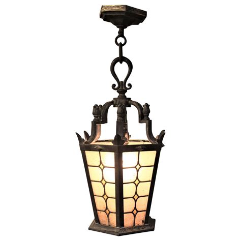 Antique Cast Bronze Outdoor Pendant Light Fixture With Stained Glass Panels For Sale At 1stdibs