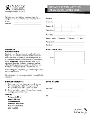 Fillable Online Massey Ac Distance Learning Block Assignment Cover