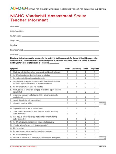 Fillable Online Nichq Vanderbilt Assessment Scale Teacher Fill And