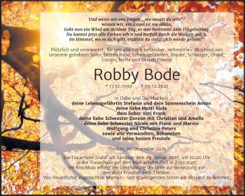 Traueranzeigen Von Robby Bode Abschied Nehmen De