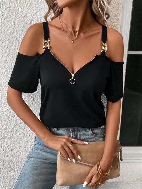 Cold Shoulder Half Zip Front Tee Clothes Clothes For Women Womens Tees