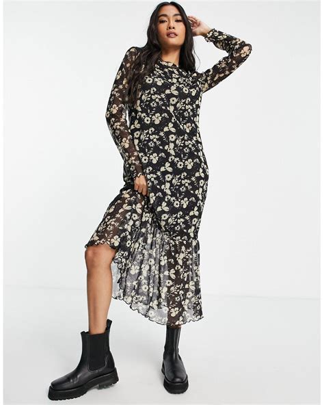 And Other Stories Long Sleeve Floral Mesh Midi Dress In Black Lyst Canada