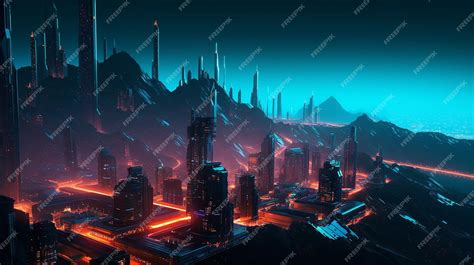 Ilustración De Trama Fotográfica De Los Edificios Cyberpunk De La Ciudad Moderna Nocturna