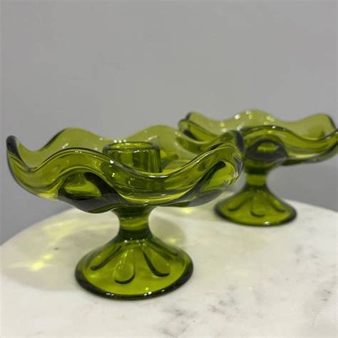 Pair Of Vintage Viking Glass Epic Six Petal Green Pedestal Candle