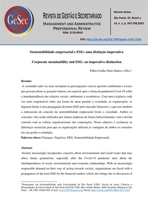 Pdf Sustentabilidade Empresarial E Esg Uma Distin O Imperativa