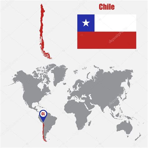 Mapa De Chile En Un Mapa Mundial Con Bandera Y Puntero De Mapa