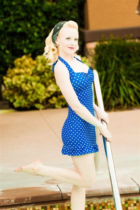 Blue And White Polka Dot Ruffle Two Piece Swim Dress Retro Pin Up