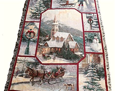 Vintage Thomas Kinkade Tapestry Christmas Throw Blanket With Fringe