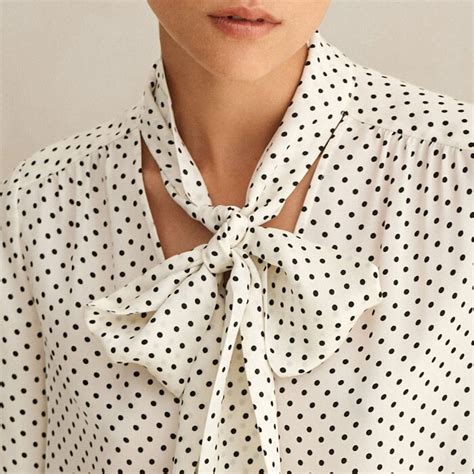 Silk Polka Dot Print Necktie Blouse Cream Black