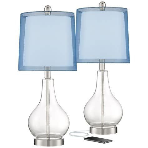 360 Lighting Modern Accent Table Lamps Set Of 2 With Usb Charging Port Clear Glass Blue Drum