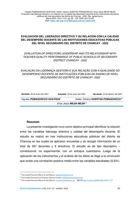 Pdf Evaluaci N Del Liderazgo Directivo Y Su Relaci N Con La Calidad