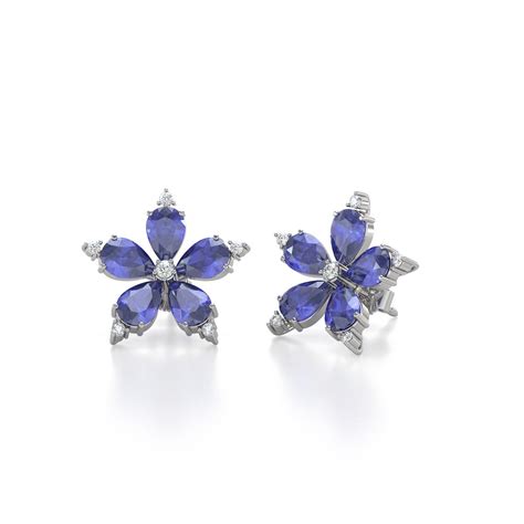 Boucles D Oreilles ADEN Or 585 Blanc Fleur Tanzanite Et Diamants 4