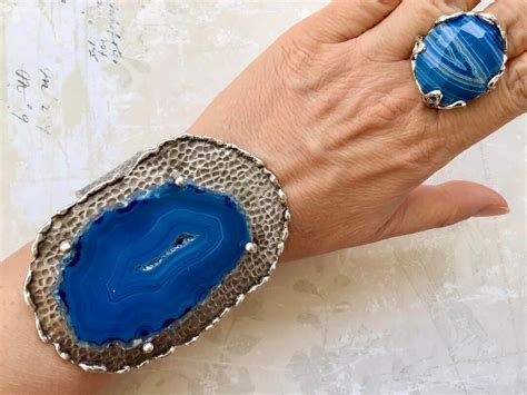 Perfect Blue Jewelry Set , Jewellery SET of 2 Bracelet and Ring ,big Raw Blue Agate Stone Rare ...