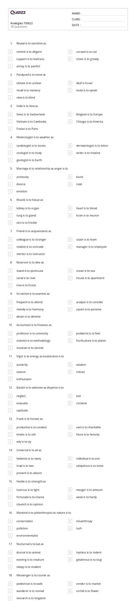 50 Analogies Worksheets For 7th Class On Quizizz Free And Printable