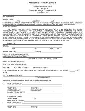 Fillable Online APPLICATION FOR EMPLOYMENT Town Of Snowmass Village P O