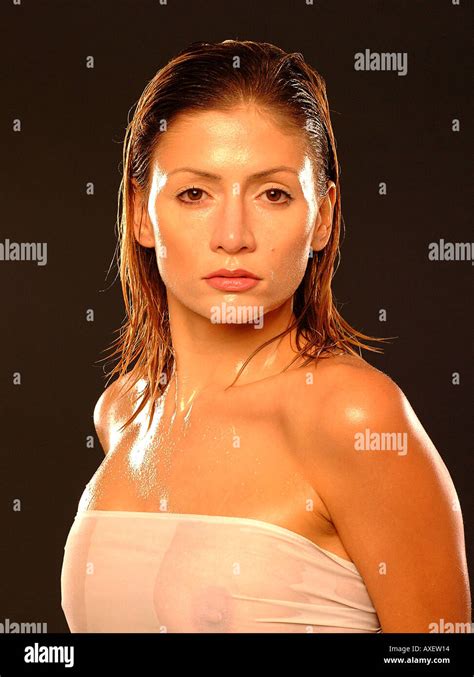 Woman Female Age 30 35 Adult Brunette Wet Sexy Indoor Interior Studio Breast Breasts Half Naked