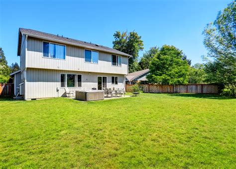 Backyard Concrete Floor Patio Area Hot Tub Well Kept Lawn Around Stock Photos Free Royalty