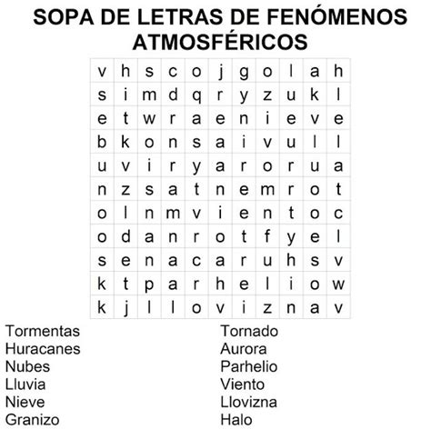 Sopa De Letras De Fenómenos Atmosféricos Para Imprimir ~ Pasatiempos Para Imprimir