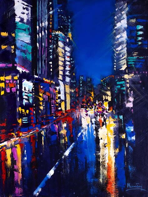 Abstract Cityscape Night City Lights Oil Painting By Aleksandr