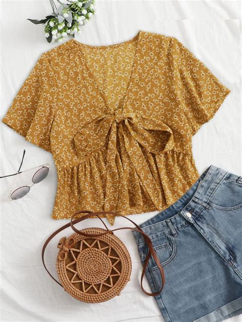 Amarelo Mustarda Bainha De Ruffle Florzinhas Boho Blusa Shein Brasil