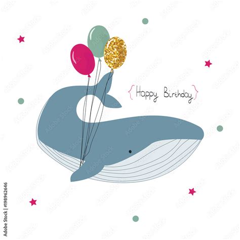 Happy Birthday Greeting Card With Whale And Balloons Vector Hand Drawn