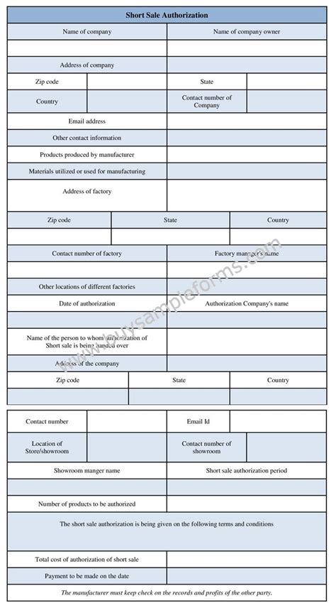 Short Sale Authorization Form Sample Word Template