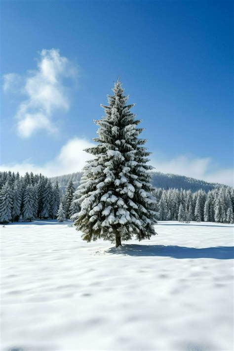 Pine trees or decorated christmas tree covered by snow on beautiful ...