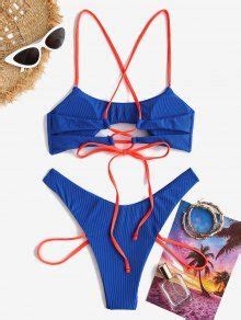 ZAFUL Ribbed Underboob Side Boning High Cut Bikini Swimwear In BLUE